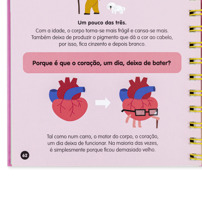 Página de livro com ilustrações de corações e texto explicativo em português sobre o funcionamento do coração