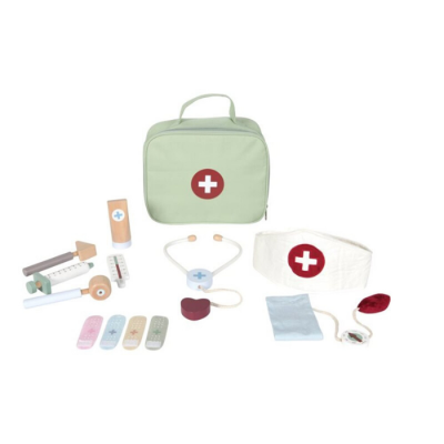 Brinquedo kit médico infantil em tons pastel com mala verde e cruz vermelha.