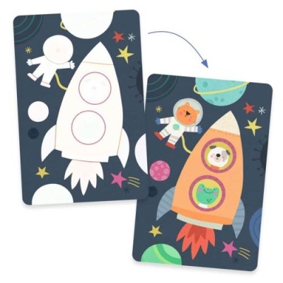 Cartas infantis com ilustrações de foguetes e astronautas no espaço