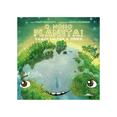 Livro infantil O Nosso Planeta com ilustração da Terra com olhos e boca