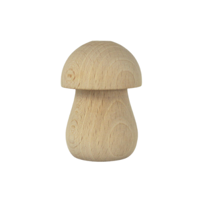 Figura decorativa em madeira clara em forma de cogumelo