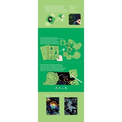 Instruções ilustradas para criação de desenhos em papel especial colorido e riscável.