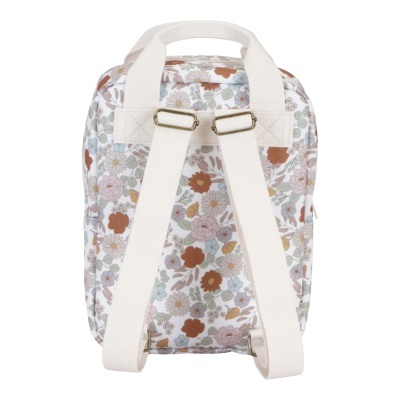 Mochila pequena com padrão floral e alças brancas
