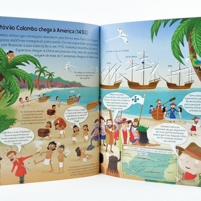 Página aberta de livro infantil ilustrado sobre Cristóvão Colombo