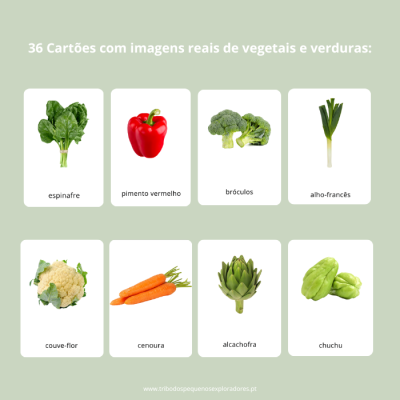 Cartões com imagens reais de vegetais e verduras com nomes em português