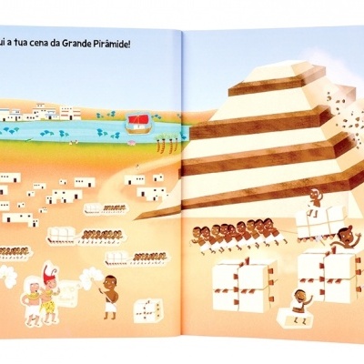 Livro aberto com ilustração colorida de uma pirâmide egípcia e figuras humanas