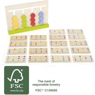 Jogo educativo de madeira com base e peças coloridas, logotipo FSC e texto