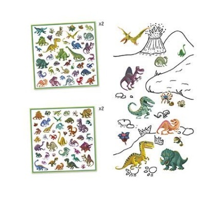 Adesivos coloridos de dinossauros com desenhos de vulcão e dinossauros ao lado