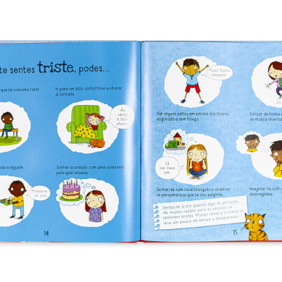 Página dupla de livro infantil com texto e ilustrações coloridas sobre emoções.