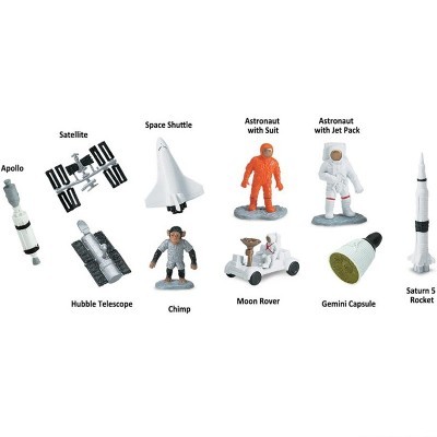 Conjunto de miniaturas espaciais incluindo Apollo, Satellite, Space Shuttle, astronautas, Moon Rover, Gemini Capsule e Saturn 5 Rocket.