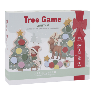Caixa de jogo Tree Game Christmas com peças coloridas e ilustrações natalinas