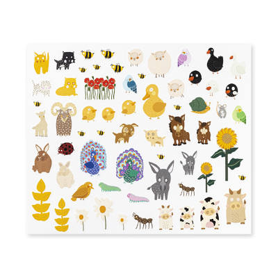 Ilustrações coloridas de animais, plantas e elementos naturais sobre fundo branco