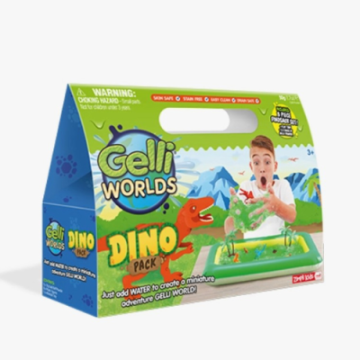 Embalagem de brinquedo Gelli Worlds Dino Pack com menino brincando com dinossauros em gel
