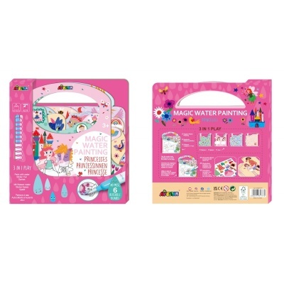 Conjunto de pintura com água cor-de-rosa e personagens de princesa em embalagem com pega