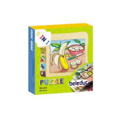Caixa de puzzle Beleduc com imagem de banana e texto '5 IN 1', 'PUZZLE', 'Banane Banana'