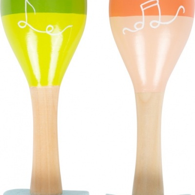 Dois maracás coloridos com desenhos brancos, bocal azul e espuma azul claro.