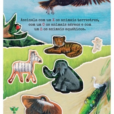 Página ilustrada de livro didático com animais e instruções em português.