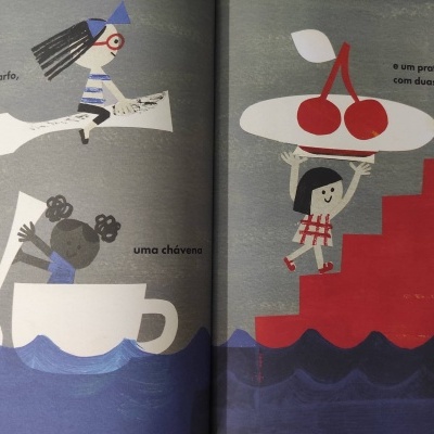 Ilustração colorida com personagens e utensílios de cozinha, texto em português