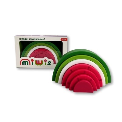 Brinquedo arcos coloridos em verde, branco e vermelho com embalagem miwis