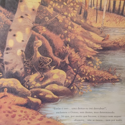 Ilustração de pato junto a um tronco de árvore numa floresta ao lado de um riacho com texto em português.