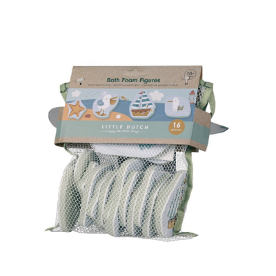 Conjunto de figuras de espuma coloridas para banho embaladas numa rede branca com etiqueta informativa.