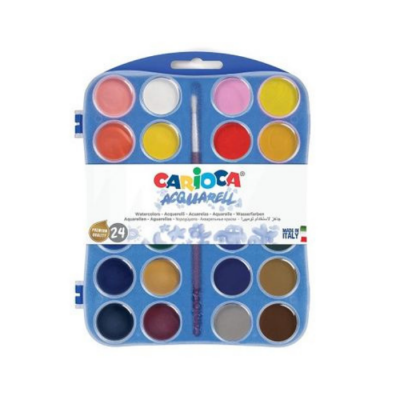 Conjunto de aguarelas CARIOCA com 24 tintas e pincel na embalagem azul