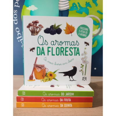 Quatro livros coloridos sobre aromas com ilustrações naturais