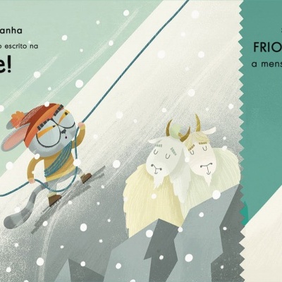 Ilustração de criança a subir montanha nevada com cabras ao lado e texto em português sobre neve e frio.