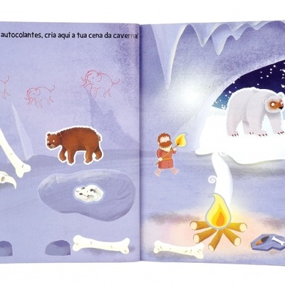 Página de livro infantil com cena de caverna, ursos, ossos, fogueira e texto em português.