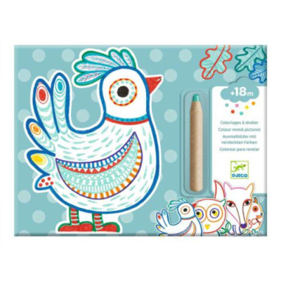 Caixa de desenhos para revelar com lápis de cor verde e ilustração de pássaro colorido