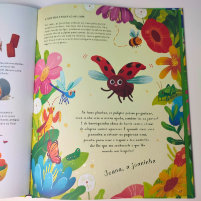 Página colorida de livro infantil com texto e ilustrações de joaninha e flores.