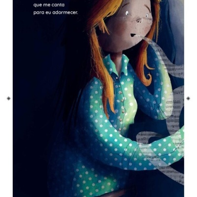 Ilustração de rapariga em pijama verde com bolinhas brancas cantando para adormecer