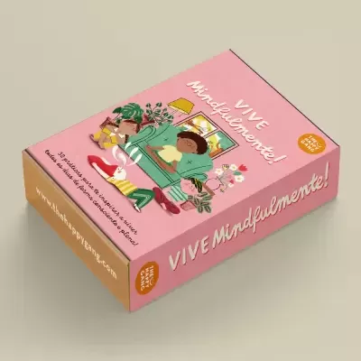 Caixa cor-de-rosa 'VIVE Mindfulmente!' com ilustração de pessoa a ler numa cadeira verde e coelho branco aos pés