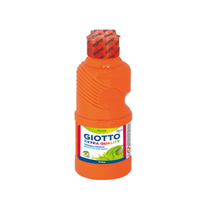 Frasco de tinta ou pintura laranja Giotto com rótulo branco e tampa lacrada vermelha