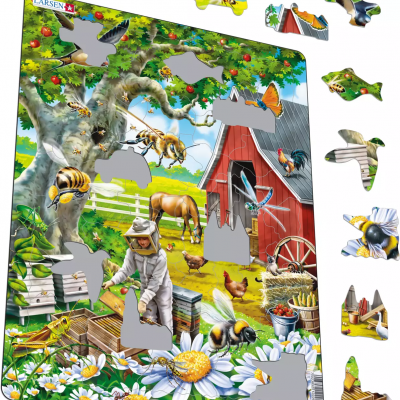 Puzzle infantil com cena campestre, apicultor, abelhas, cavalo e celeiro vermelho