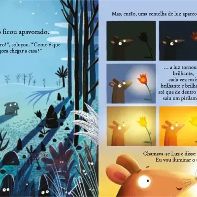 Ilustração de livro infantil com cena de floresta e rato com luz
