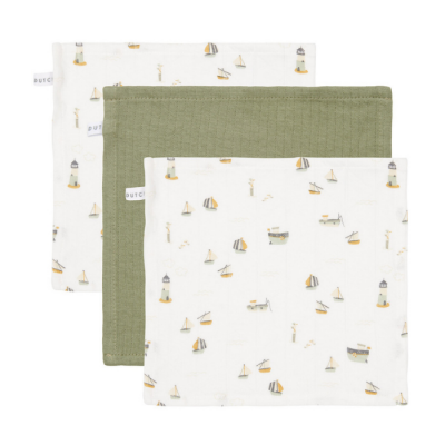 Conjunto de três panos quadros, dois com padrão náutico e um verde musgo.