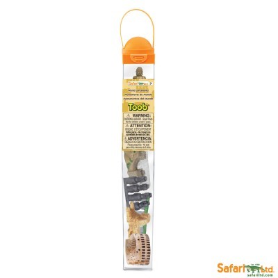 Conjunto de figuras de dinossauros Safári Ltda em caixa transparente com tampa laranja