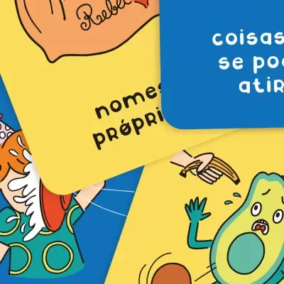 Cartões ilustrados coloridos com textos em português e desenhos divertidos.