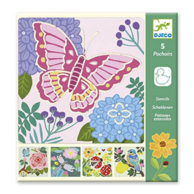 Embalagem de estênceis DJECO com borboleta, flores e pequenos painéis de ilustrações variadas