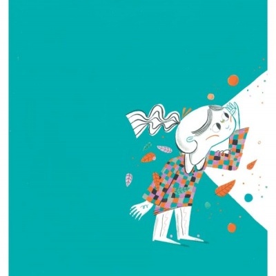 Ilustração de criança a olhar para um triângulo branco num fundo azul turquesa.