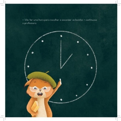 Ilustração animal a desenhar relógio no quadro-negro com texto em português