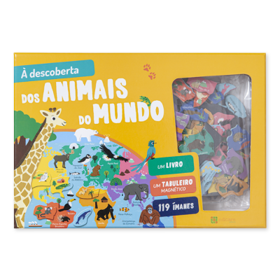 Caixa de jogo educativo sobre animais do mundo com 119 ímanes magnéticos e mapa ilustrado.