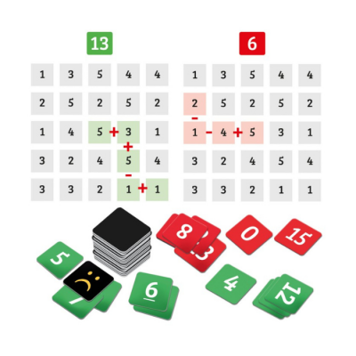 Cartas de um jogo numerado em verde, vermelho e preto com ícones