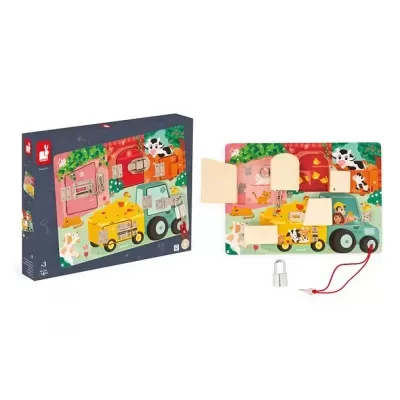 Quebra-cabeça em madeira com veículos agrícolas, animais e cadeado, ao lado da caixa