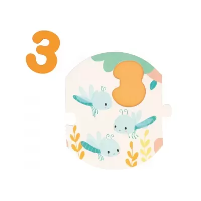 Peça de puzzle infantil com insetos azuis e número 3 laranja
