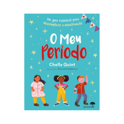 Capa de livro infantil 'O Meu Período' com crianças ilustradas e fundo azul
