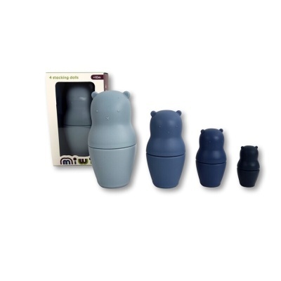 Conjunto de 4 bonecas empilháveis azuis cinzentas com caixa