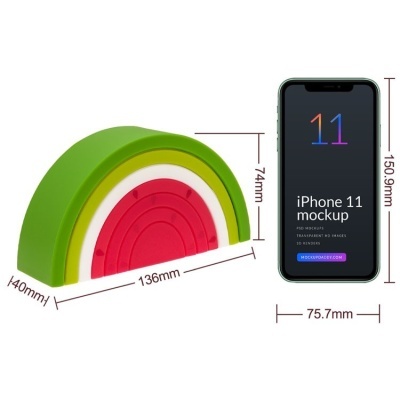 Suporte semicircular colorido ao lado de um iPhone 11 mockup com medidas