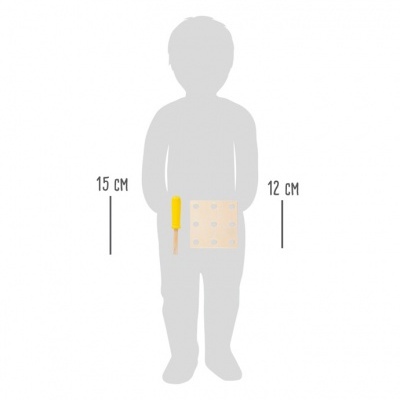 Figura humana cinzenta com bloco amarelo e alça amarela com dimensões.